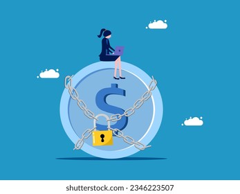 Principal protection. Businesswoman and coin locked by padlock 