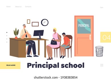 Principal School Concept Of Landing Page With Mom And Kid Meeting With Director In His Office. Serious Headmaster Talking With Parent Of Bad Pupil. Cartoon Flat Vector Illustration