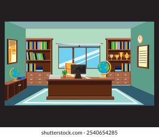 Principal school office interior director room bookshelf globe awards vector