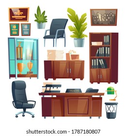 Principal School Office Interior Furniture And Stuff Set. Director Table, Desk With Printer, Chairs And Bookcase With Files Folders, Trophies In Glass Stand, Potted Plants. Cartoon Vector Illustration