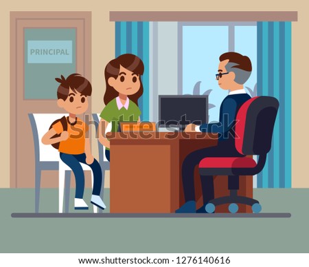 Principal school. Parents kids teacher meeting in office. Unhappy mom, son talk with angry principal. School education vector image