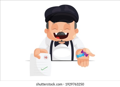 Principal is showing mark sheet and toffee in hand. Vector graphic illustration. Individually on white background.