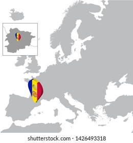 Principality of Andorra  Location Map on map Europe. 3d Andorra  flag map marker location pin. High quality map of Andorra.  Vector illustration EPS10.