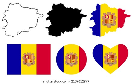 Principality of Andorra map flag icon set isolated on white background