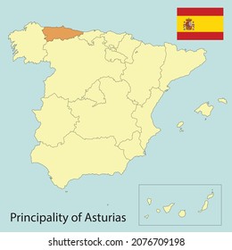 principality of asturias, spain map with autonomus communities, vector illustration