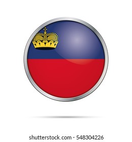 Principality of Liechtenstein flag glass button style with metal frame vector.
