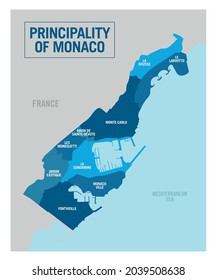 Principality of Monaco country, city, political map. Detailed vector illustration with isolated departments easy to ungroup.