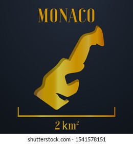 Principality of Monaco golden 3d solid country outline silhouette, realistic piece of world map template, for infographic, vector illustration, isolated object, background. From countries set