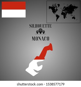 Principality of Monaco outline world map silhouette vector illustration, creative design background, national country flag, design element, symbols from countries all continents set.  