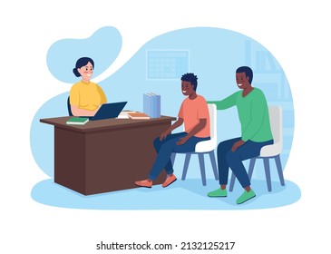 At Principals Office With Parent 2D Vector Isolated Illustration. Formal Appointment Flat Characters On Cartoon Background. Headmistress Room Colourful Scene For Mobile, Website, Presentation
