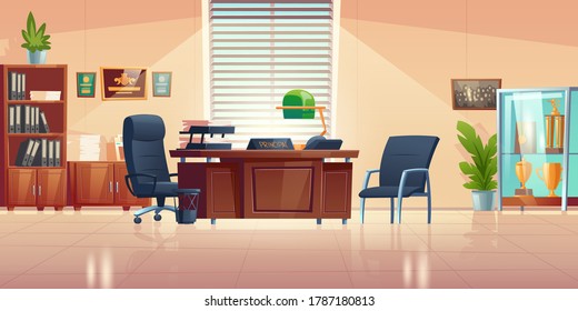 Principals Office In School With Desk, Chairs, Bookcase And Showcase With Sport Trophies. Vector Cartoon Empty Interior Of Headmaster Cabinet For Meeting And Talking With Teachers, Pupils And Parents