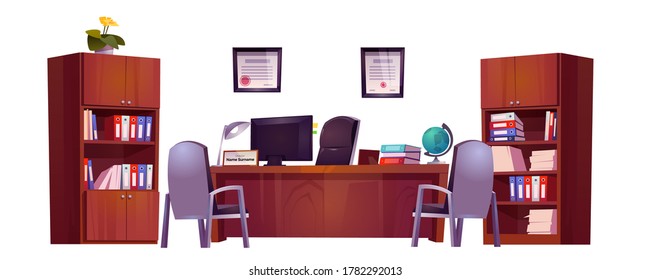 Principals Office In School For Meeting And Talking With Teachers, Pupils And Parents. Vector Cartoon Set Of Furniture, Table, Chairs And Bookcase For Cabinet Of Guidance, Counselor Or Headmaster