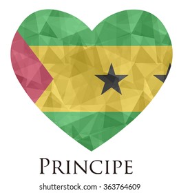Principe flag shape heart in geometric rumpled triangular low poly origami style graphic illustration,mosaic polygonal style.Symbol of love to country.Retro or vintage style background.