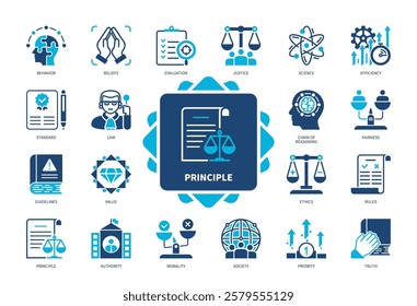 Principle icon set. Standard, Behavior, Fairness, Rules, Ethic, Morality, Authority, Evaluation. Duotone color solid icons