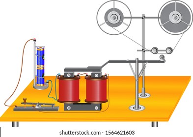 The principle of operation of an electromechanical telegraph in which there is an electromagnet, a telegraph key, a battery which is a current source.