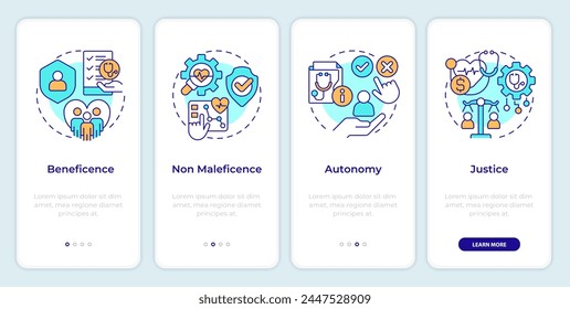Principles of bioethics onboarding mobile app screen. Walkthrough 4 steps editable graphic instructions with linear concepts. UI, UX, GUI template. Montserrat SemiBold, Regular fonts used