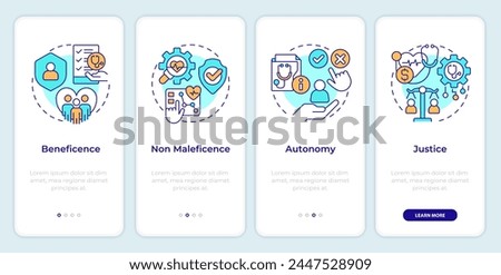 Principles of bioethics onboarding mobile app screen. Walkthrough 4 steps editable graphic instructions with linear concepts. UI, UX, GUI template. Montserrat SemiBold, Regular fonts used