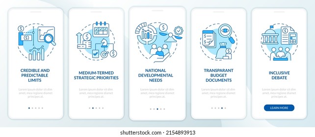 Principles of budget planning blue onboarding mobile app screen. Walkthrough 5 steps graphic instructions pages with linear concepts. UI, UX, GUI template. Myriad Pro-Bold, Regular fonts used