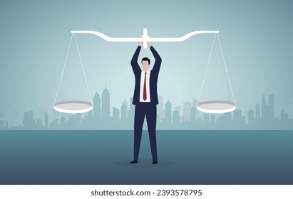 Los principios y la ética empresarial para hacer las cosas correctas, la responsabilidad social o la integridad para ganar confianza, equilibrio y justicia por el concepto de liderazgo, el líder empresario de confianza eleva la escala ética del equilibrio.