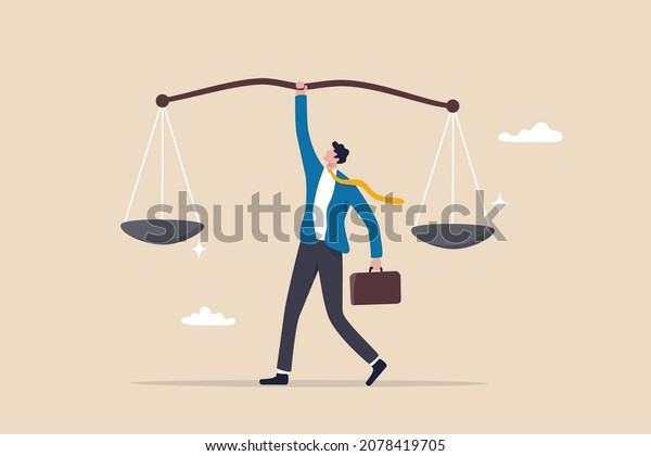 Principles and business ethic to do right things,\
social responsibility or integrity to earn trust, balance and\
justice for leadership concept, confident businessman leader lift\
balance ethical\
scale.