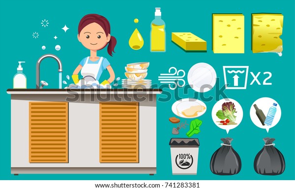 食後にお店を掃除する原則 ごみの分別 メイドは皿洗いと茶碗洗いを清潔にする 簡単に作業 家庭用品 のベクター画像素材 ロイヤリティフリー