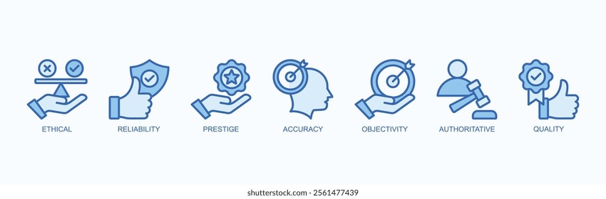 Principles Of Excellence And Integrity Icon Set Isolated Vector Illustration Concept With Icon Of Ethical, Reliability, Prestige, Accuracy, Objectivity, Authoritative, Quality In Flat Style