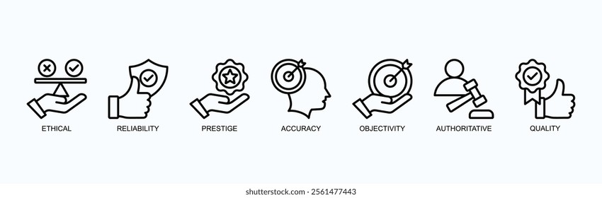 Principles Of Excellence And Integrity Icon Set Isolated Vector Illustration Concept With Icon Of Ethical, Reliability, Prestige, Accuracy, Objectivity, Authoritative, Quality In Outline Style