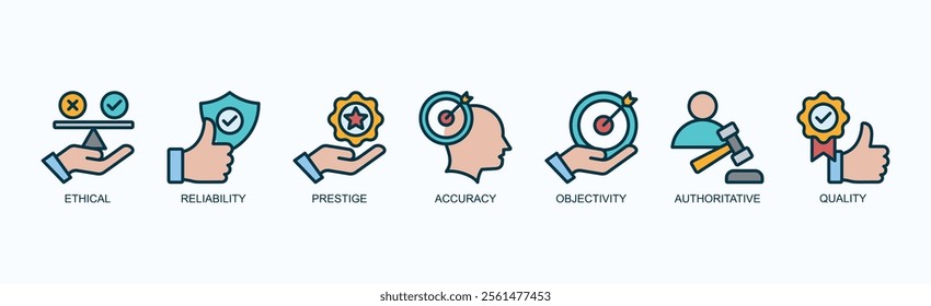 Principles Of Excellence And Integrity Icon Set Isolated Vector Illustration Concept With Icon Of Ethical, Reliability, Prestige, Accuracy, Objectivity, Authoritative, Quality In Blue Style