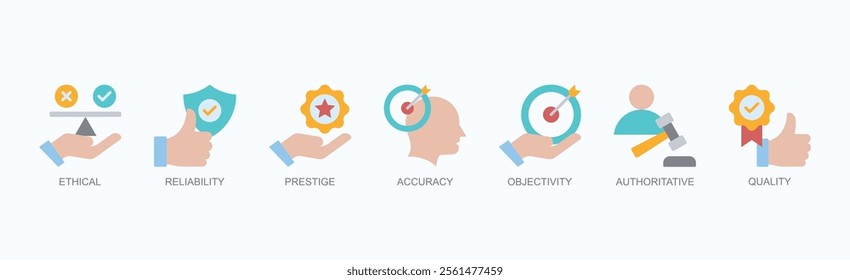 Principles Of Excellence And Integrity Icon Set Isolated Vector Illustration Concept With Icon Of Ethical, Reliability, Prestige, Accuracy, Objectivity, Authoritative, Quality In Outline Color Style