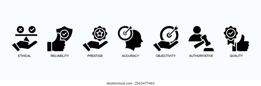 Principles Of Excellence And Integrity Icon Set Isolated Vector Illustration Concept With Icon Of Ethical, Reliability, Prestige, Accuracy, Objectivity, Authoritative, Quality In Glyph Style