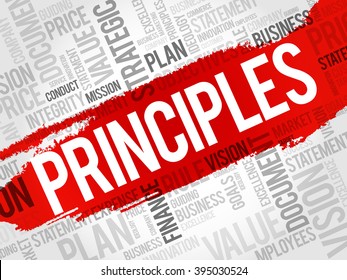 Principles - general or basic truth on which other truths or theories can be based, word cloud concept background