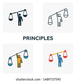 Principles Icon Set. Four Elements In Diferent Styles From Business Ethics Icons Collection. Creative Principles Icons Filled, Outline, Colored And Flat Symbols.