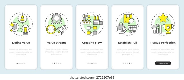 Principios de lean manufacturing incorporando la pantalla del App móvil. Instrucciones gráficas editables de 5 pasos con conceptos lineales. UI, UX, GUI