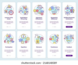 Principles of learning onboarding mobile app screen set. Walkthrough 5 steps editable graphic instructions with linear concepts. UI, UX, GUI template. Myriad Pro-Bold, Regular fonts used