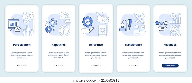 Principles of learning for students light blue onboarding mobile app screen. Walkthrough 5 steps editable instructions with linear concepts. UI, UX, GUI template. Myriad Pro-Bold, Regular fonts used