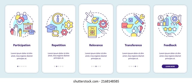 Principles of learning for students onboarding mobile app screen. Walkthrough 5 steps editable graphic instructions with linear concepts. UI, UX, GUI template. Myriad Pro-Bold, Regular fonts used