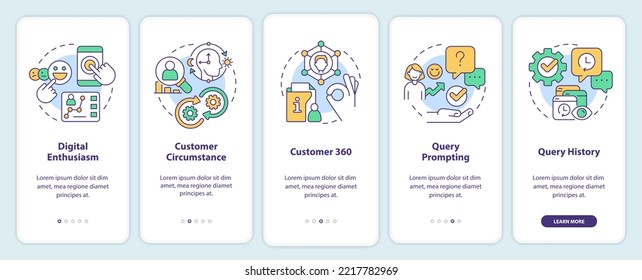 Principles of personalization onboarding mobile app screen. Marketing walkthrough 5 steps editable graphic instructions with linear concepts. UI, UX, GUI template. Myriad Pro-Bold, Regular fonts used