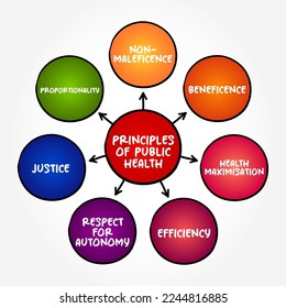 Principles of public health (science and art of preventing disease, prolonging life and promoting health through the organized efforts) mind map text concept background