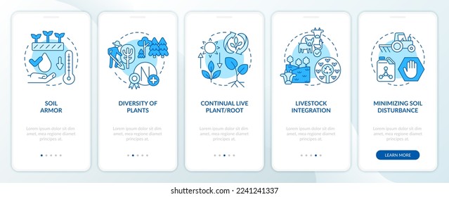 Principles of regenerative farming blue onboarding mobile app screen. Walkthrough 5 steps editable graphic instructions with linear concepts. UI, UX, GUI template. Myriad Pro-Bold, Regular fonts used