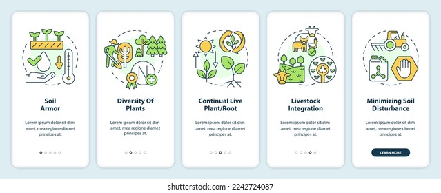 Principles of regenerative farming onboarding mobile app screen. Walkthrough 5 steps editable graphic instructions with linear concepts. UI, UX, GUI template. Myriad Pro-Bold, Regular fonts used
