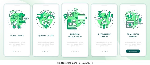 Principles of urban design green onboarding mobile app screen. Quality walkthrough 5 steps graphic instructions pages with linear concepts. UI, UX, GUI template. Myriad Pro-Bold, Regular fonts used