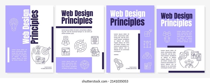 Principles of web design purple brochure template. Graphic artist work. Leaflet design with linear icons. 4 vector layouts for presentation, annual reports. Anton, Lato-Regular fonts used