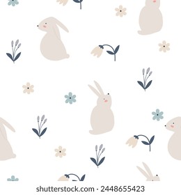 pring cartoon seamless pattern with cute bunny. Happy Easter print in flat style and pastel colors
