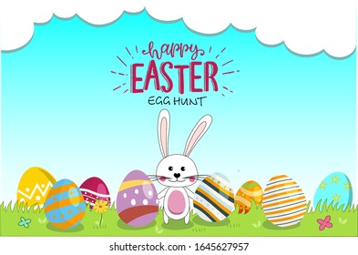 pring Easter Landscape with Bunny and Egg at Paw. Ready for Your Text and Design.Vector poster for Easter Egg Hunt with colored eggs and cute bunny in field. Cartoon spring scene with trees and bushes