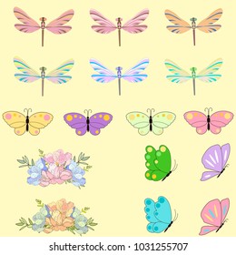 pring set for design of multicolored butterflies, dragonflies and flowers.Can be used for wedding, baby shower, mothers day, valentines day, birthday cards, invitations, greetings and romantic labels.