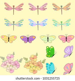 pring set for design of multicolored butterflies, dragonflies and flowers.Can be used for wedding, baby shower, mothers day, valentines day, birthday cards, invitations, greetings and romantic labels.