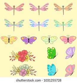 pring set for design of multicolored butterflies, dragonflies and flowers.Can be used for wedding, baby shower, mothers day, valentines day, birthday cards, invitations, greetings and romantic labels.