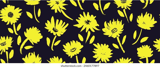 pring yellow flowers hand drawn vector seamless pattern. Brush flower silhouettes. Roses, peonies and tulips yellow silhouettes. Floral drawings with texture. Summer botanical background