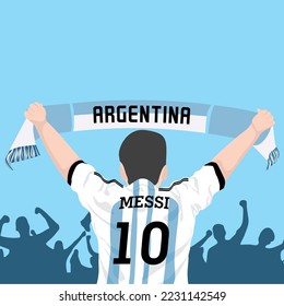 pringsewu, Lampung, 27 November 2022; A fan's hand waving in support of the ARGENTINA team. Silhouette of crowd of people. sports banner. BLUE background color