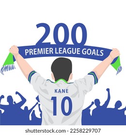 pringsewu, Lampung, 6 FEBRUARY 2023; Hand waving a fan brought "premier league goal" 200 goals player harry kane tottenham hotspur. Silhouette of crowd of people. sports banner.